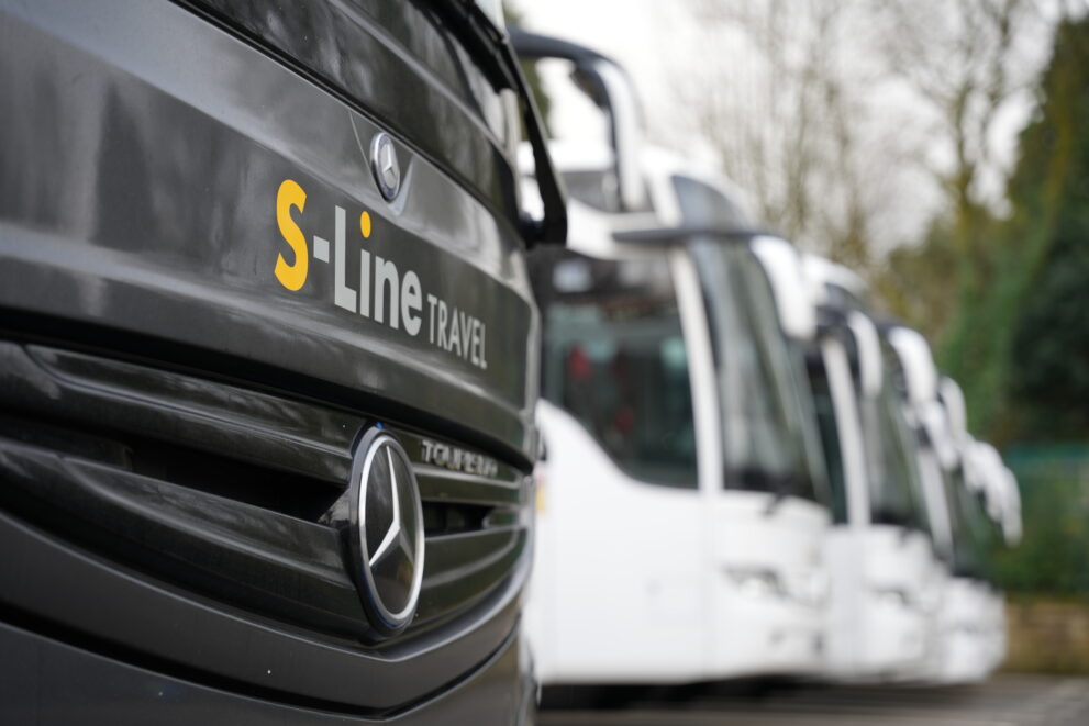 Modern 29 seater coach by S-Line Travel, accessible PSVAR compliant coach hire vehicle for school trips, corporate travel, airport transfers and group transport services across Lancashire and the North West UK.