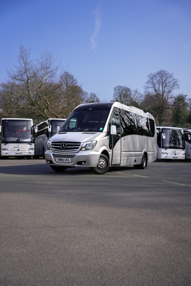Luxury 19 seater Mercedes minibus by S-Line Travel, modern accessible coach hire vehicle for school transport, corporate travel, airport transfers and group travel services across Lancashire and the North West UK.