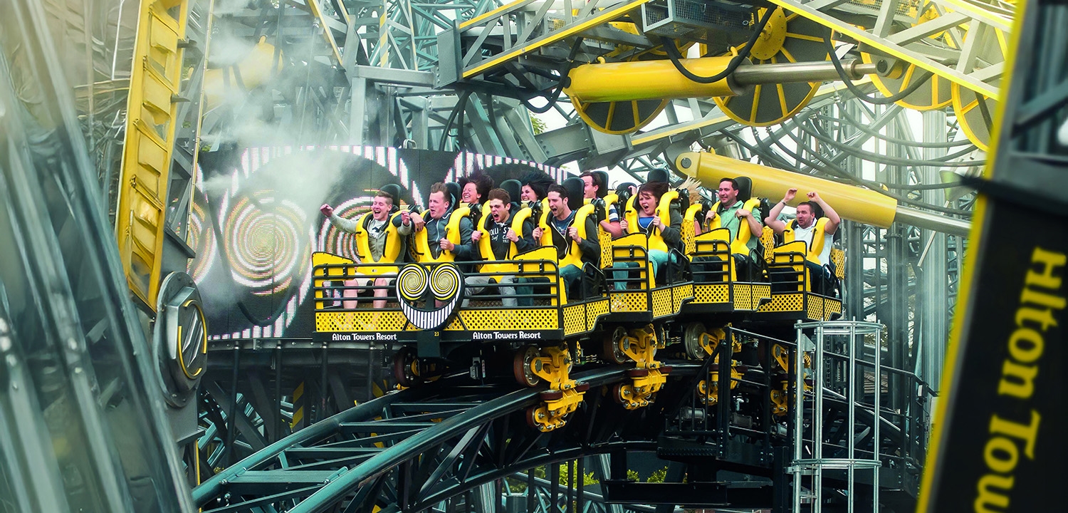 Riders on the Smiler roller coaster at Alton Towers
