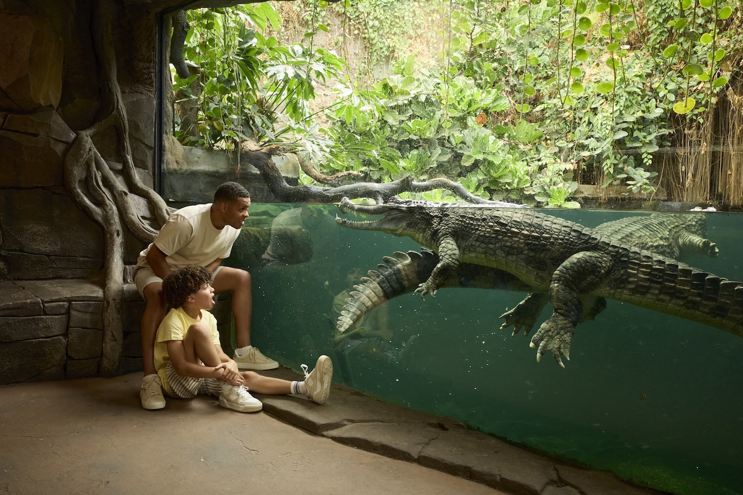 Family watching crocodiles through an underwater viewing window at Chester Zoo